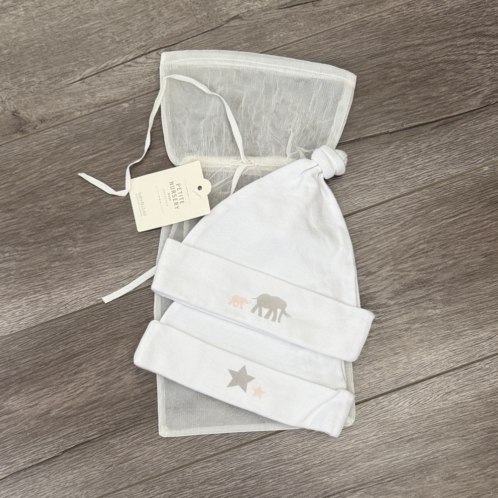 Restoration Hardware White and Gray Baby Hat Set